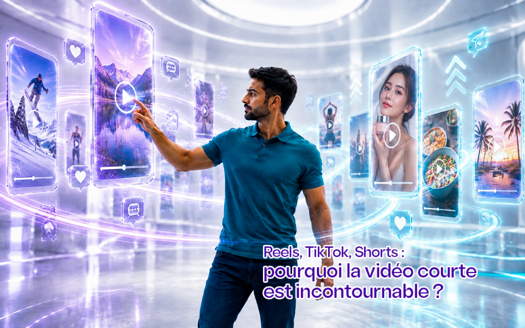 Vidéo courte réseaux sociaux : une professionnelle manipule des écrans de contenus vidéo au format vertical