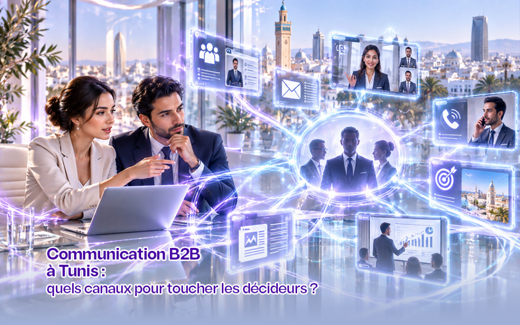 Communication B2B à Tunis : réunion de décideurs devant un tableau de bord digital, avec les tours d'affaires de Tunis en arrière-plan